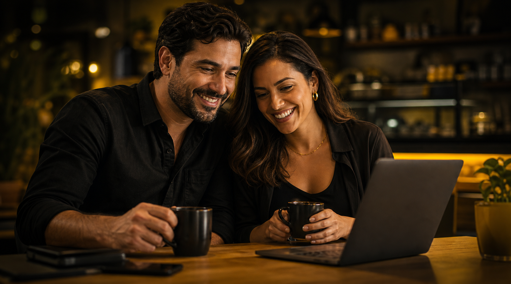 Empresário feliz tomando café ao lado da esposa em uma cafeteria