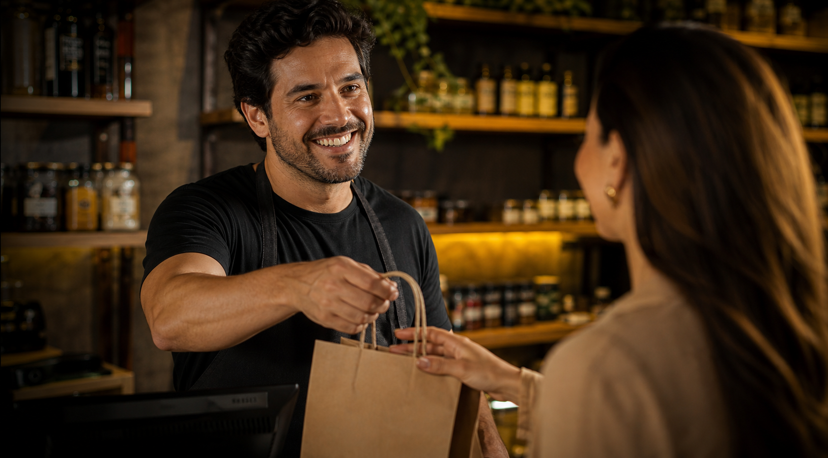 Empresário feliz atendendo um cliente em uma loja