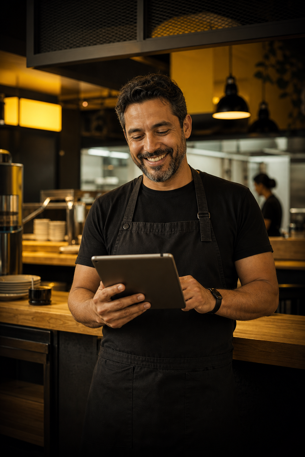 Dono de café brasileiro feliz por saber a meta mínima de vendas do mês