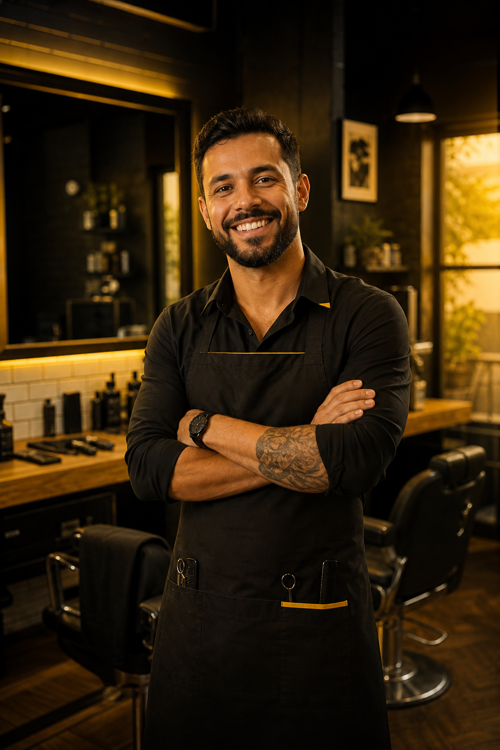 Dono de barbearia sorrindo por saber cobrar o preço certo