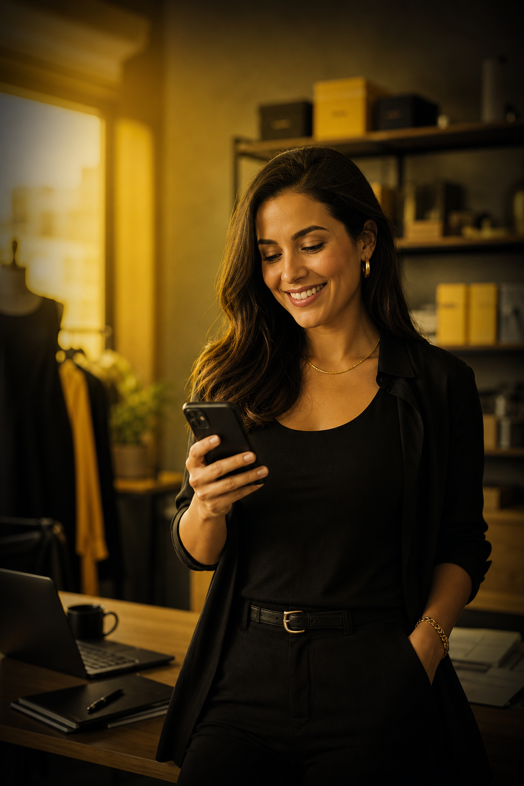 Empresária brasileira sorrindo ao olhar o celular depois de organizar a gestão financeira da empresa